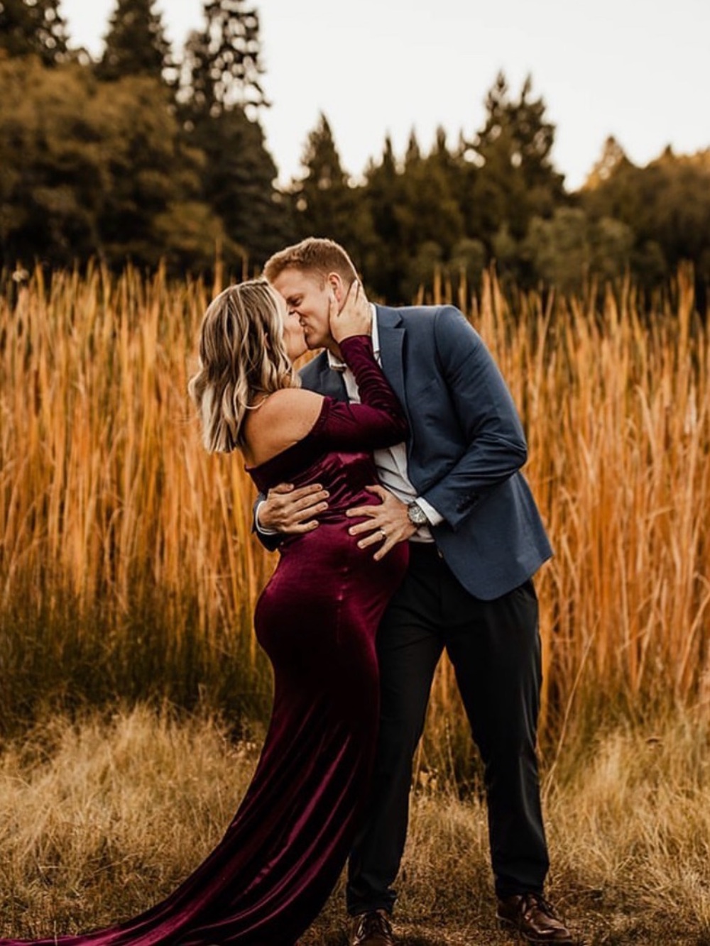 Velvet Burgundy Maternity Dress Off Shoulder